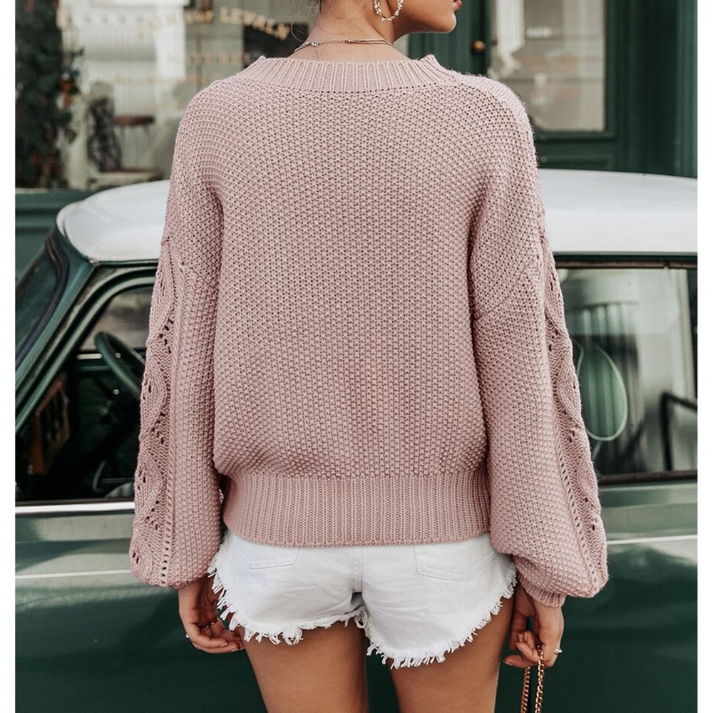 Pink Pointelle Knit Bishop Sleeve Sweater - Picture 2 of 5